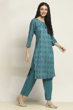 Teal Viscose Rayon Printed Straight Kurta Pants Set image number 5