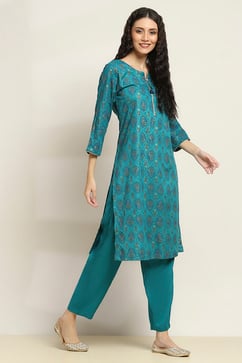 Teal Viscose Rayon Printed Straight Kurta Pants Set image number 5