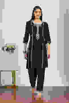 Black Rayon Viscose Rayon Kurta Pants Set image number 7