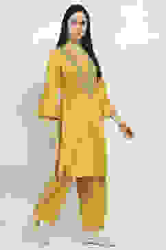 Yellow Cotton Embroidered Straight Kurta Set image number 5