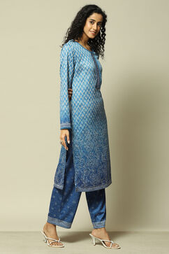 Sky Blue Acrylic Straight Printed Kurta Palazzo Suit Set image number 5