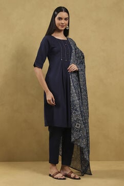 Indigo Blue Cotton Solid Gathered Suit Set image number 5