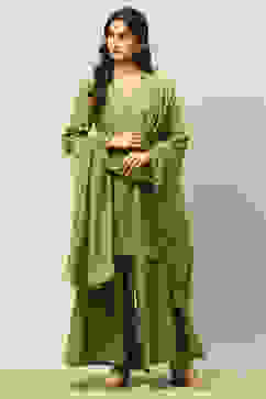 Golden-Olive Viscose Blend Straight Embroidered Kurta Sharara Suit Set image number 6