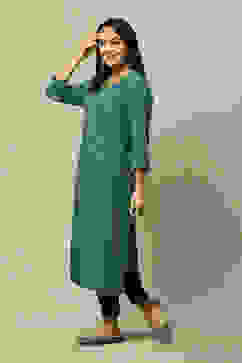 Teal Blue LIVA Straight Printed Kurta image number 2