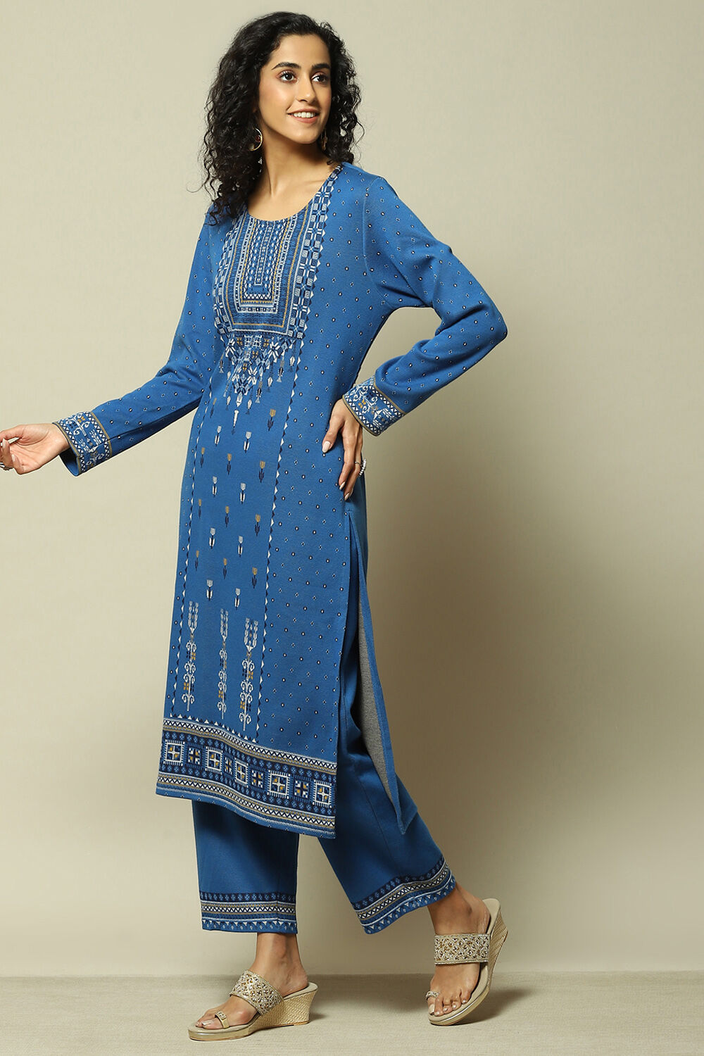 Cobalt Cotton Blend Straight Printed Kurta Palazzo Suit Set image number 3