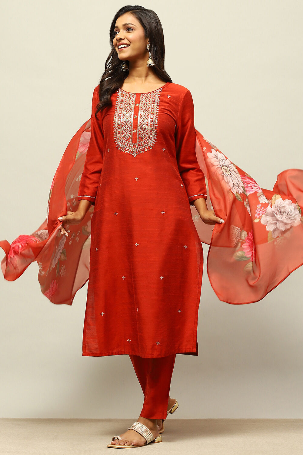 Buy Rust Red Yarn Dyed Straight Festive Suit Set 3N by Rangriti