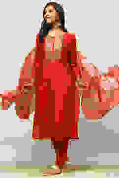 Rust Red Yarn Dyed Straight Festive Suit Set image number 0