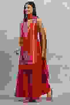 Red Polyester Solid Straight Sharara Suit Set image number 3