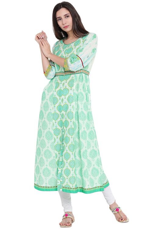 Green Cotton Kalidar Kurta image number 0