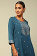Petrol Blue Acrylic Straight Yarn Dyed Kurta Palazzo Suit Set image number 1