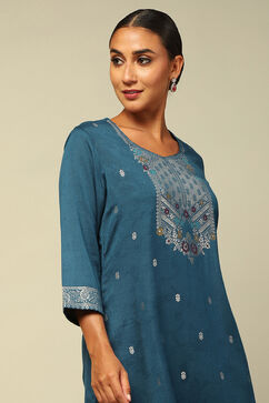 Petrol Blue Acrylic Straight Yarn Dyed Kurta Palazzo Suit Set image number 1