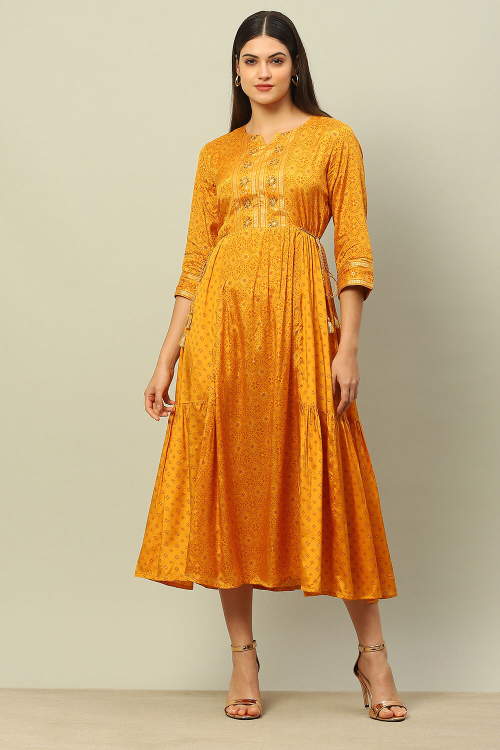 Yellow Viscose Shantoon Printed Tiered Dress image number 5