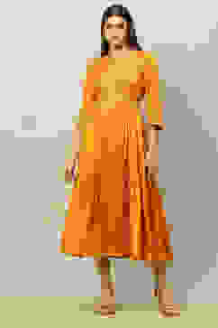 Yellow Viscose Shantoon Printed Tiered Dress image number 5