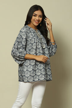 Grey & Blue Cotton Tiered Printed Top image number 3