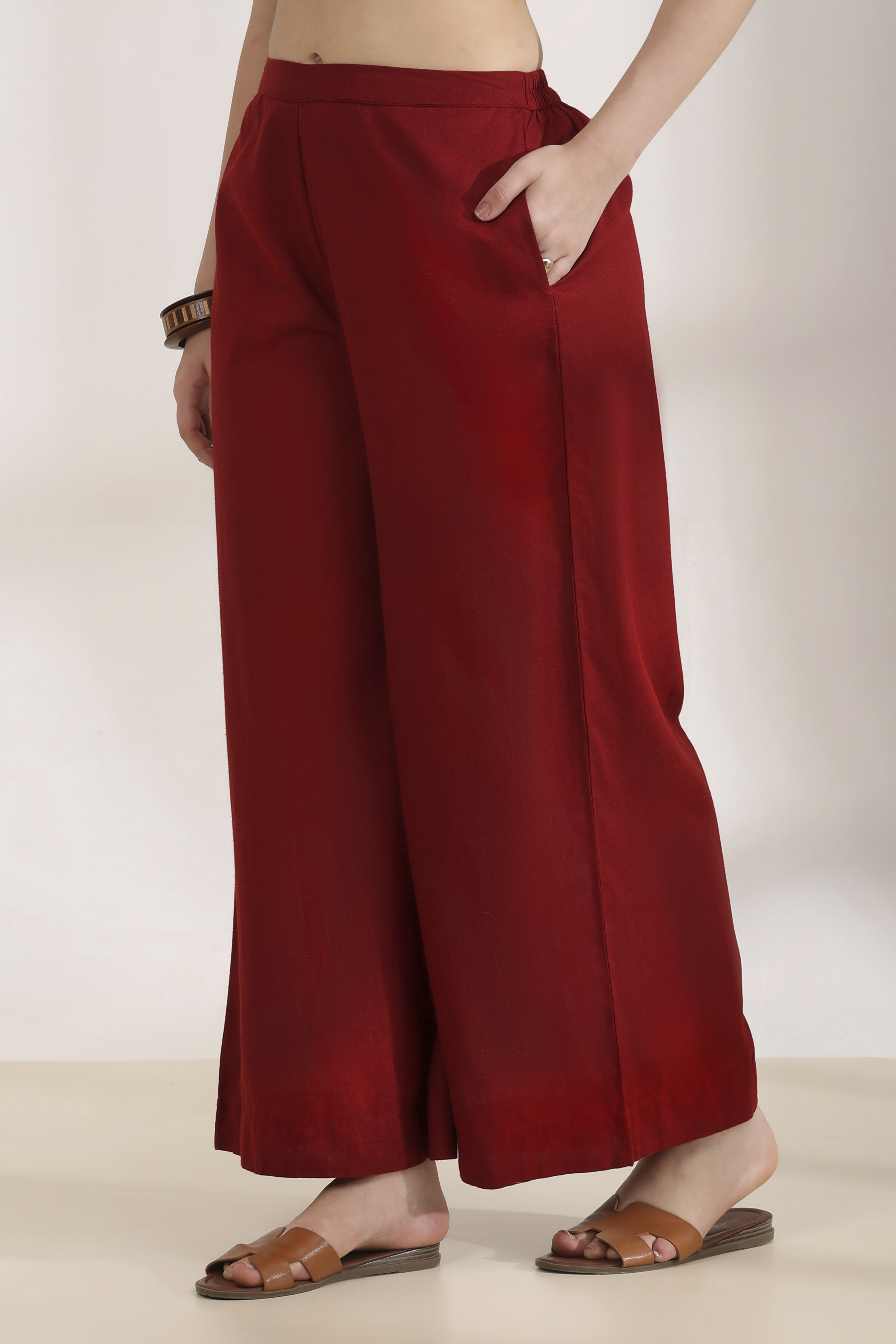 Maroon Rayon Straight Palazzos image number 2