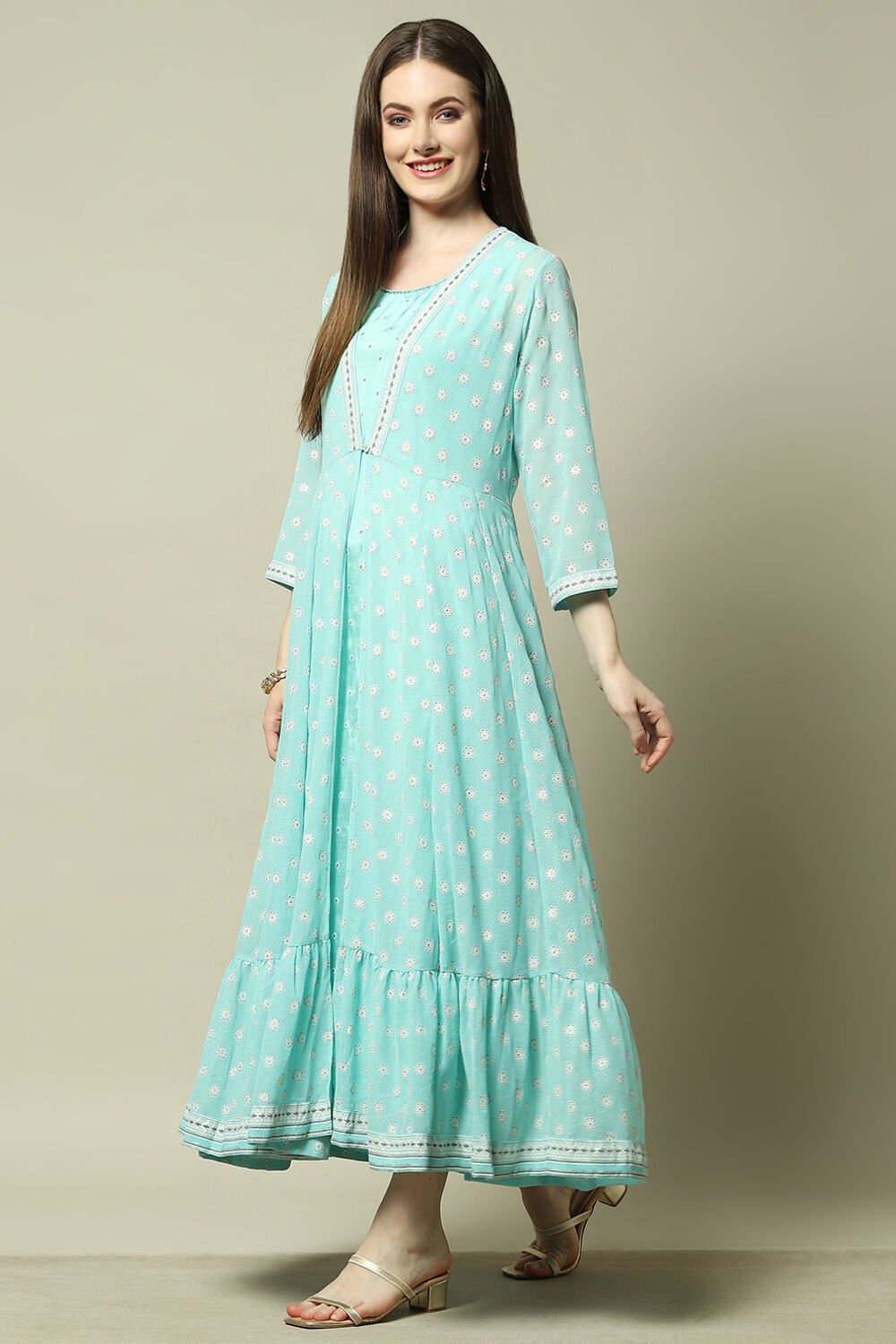 Blue Viscose Shantoon Printed A-line Dress image number 2