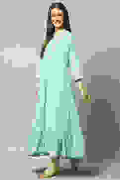 Blue Viscose Shantoon Printed A-line Dress image number 2