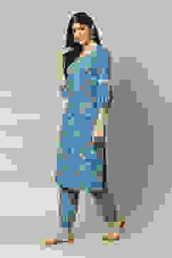 Blue LIVA Straight Printed Kurta Palazzo Suit Set image number 3