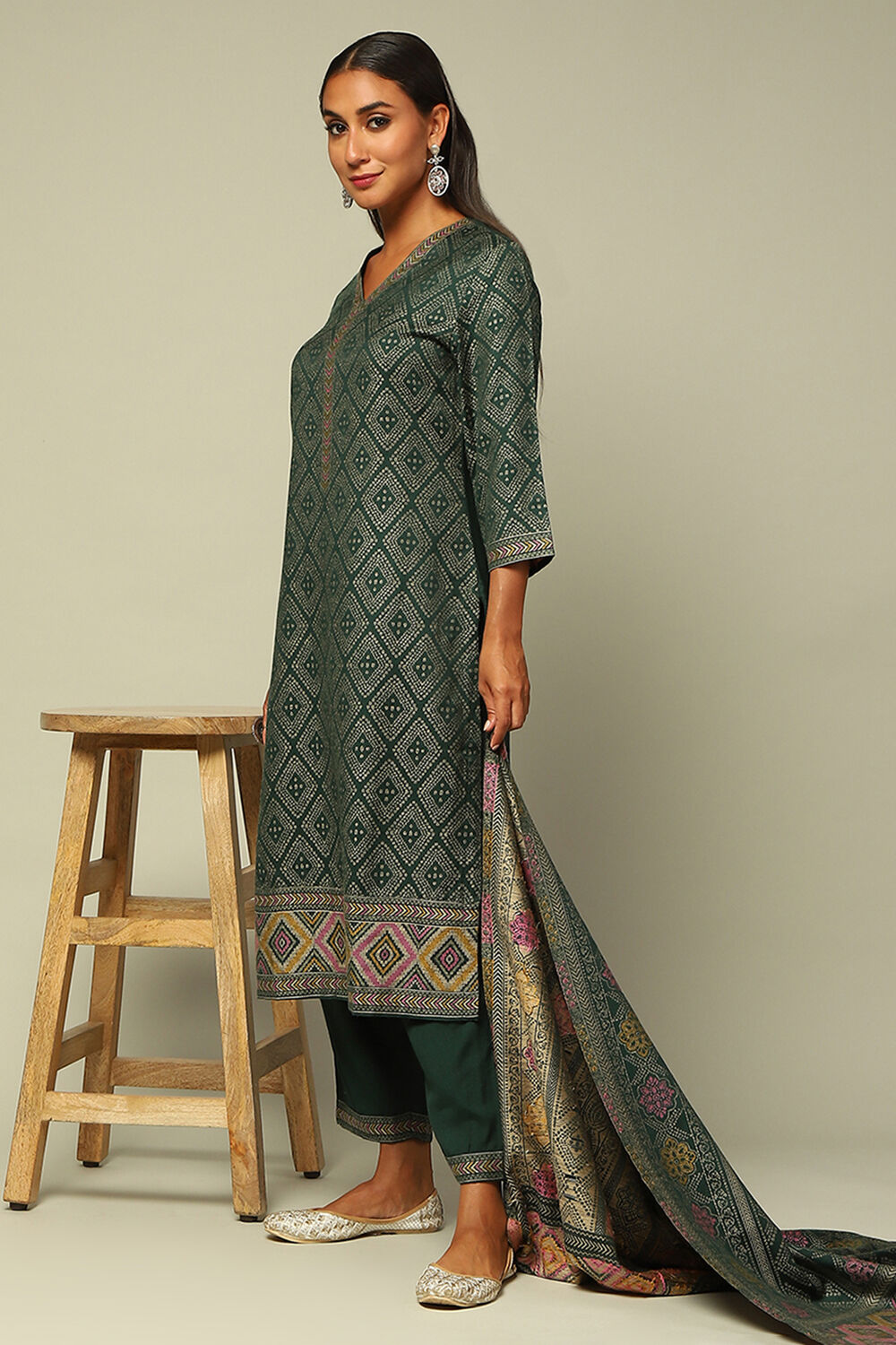 Green Acrylic Straight Yarn Dyed Kurta Palazzo Suit Set image number 0