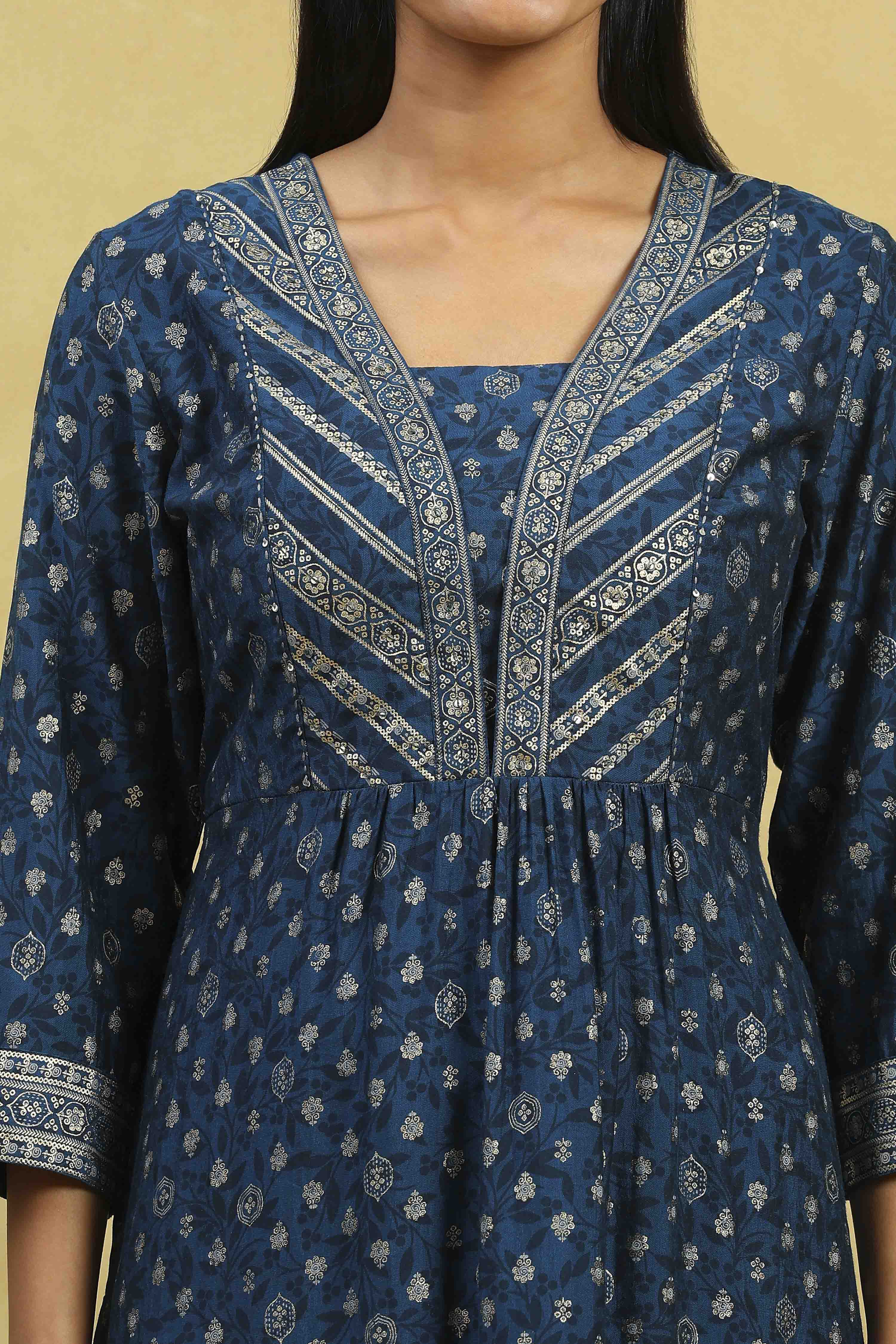 Blue Viscose Blend Printed Gathered Kurta image number 1