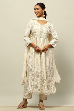 Off White Rayon Gathered Printed Kurta Palazzo Suit Set image number 0