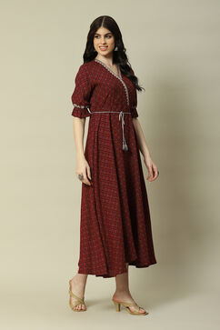 Maroon Cotton Blend Printed Dress image number 3
