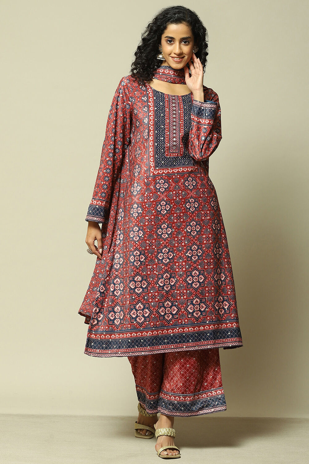 Maroon Polyester Straight Printed Kurta Palazzo Suit Set image number 7
