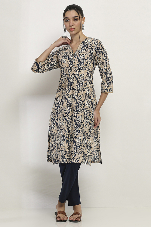 Blue and Beige Cotton Straight Kurta image number 6