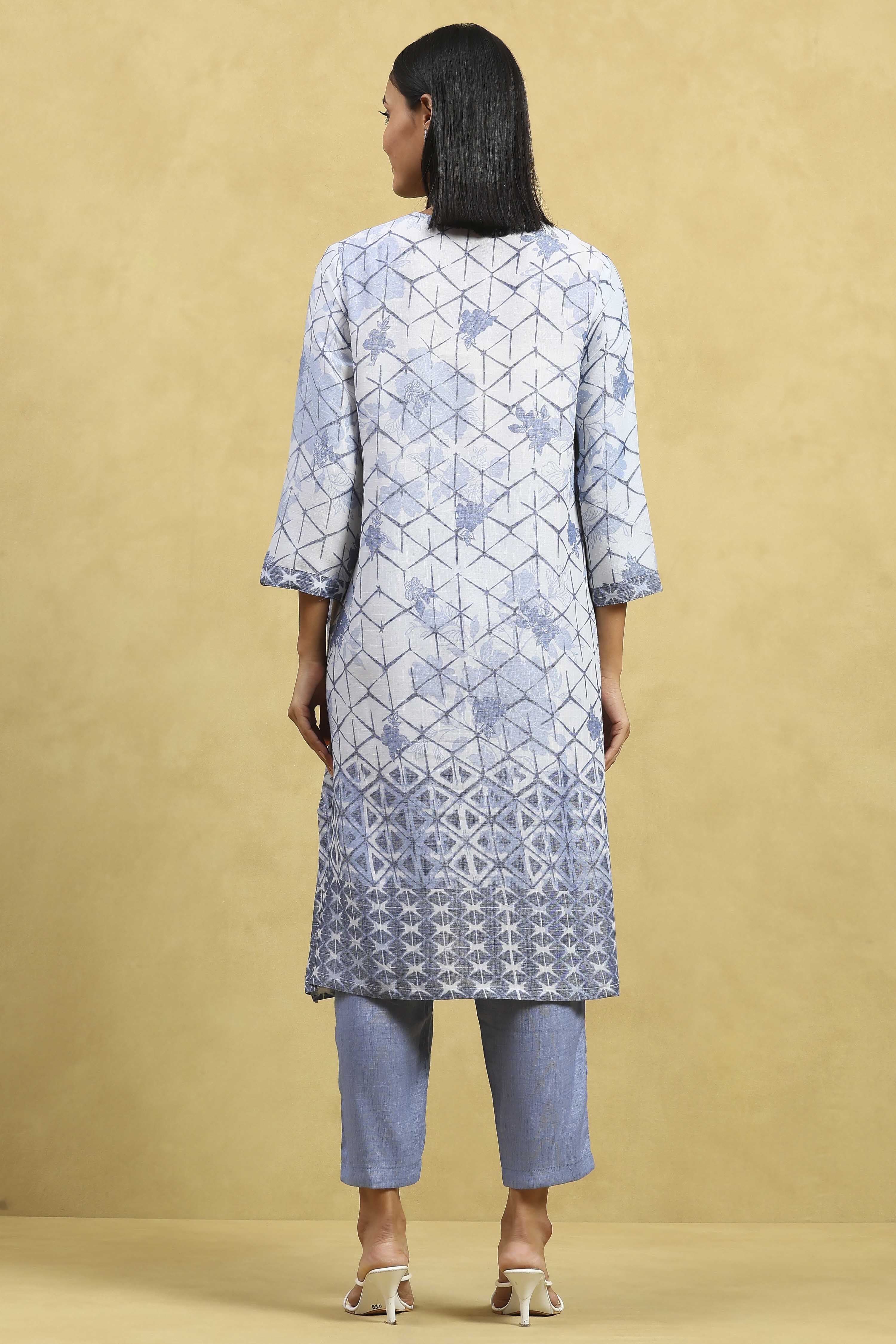 Blue Viscose Blend Printed A-Line Kurta Pants Set image number 4