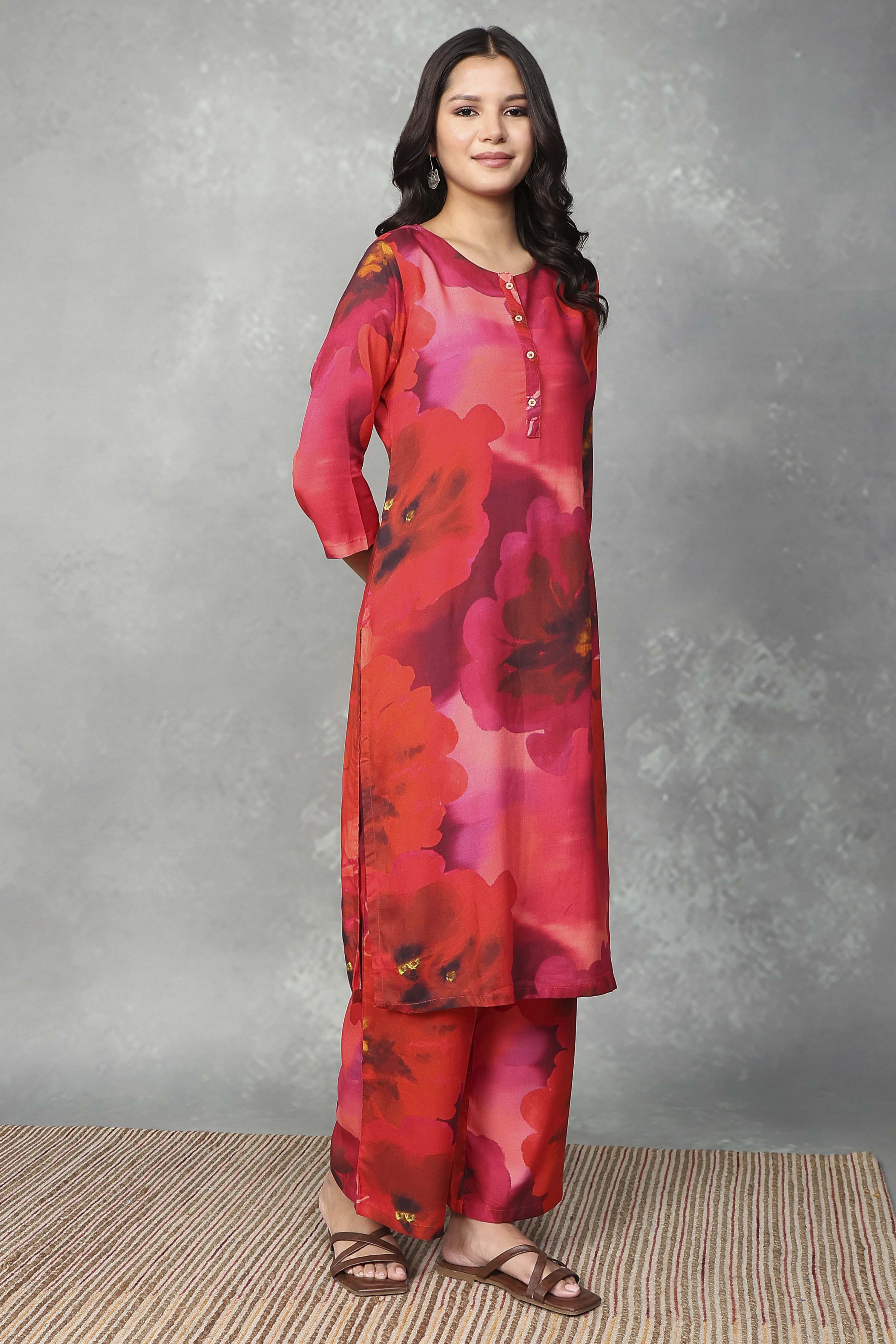 Red Floral Printed Co-ord Set image number 5