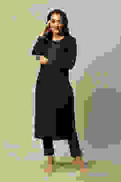 Black Cotton Blend Yarndyed Kurta image number 0