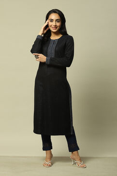 Black Cotton Blend Yarndyed Kurta image number 0