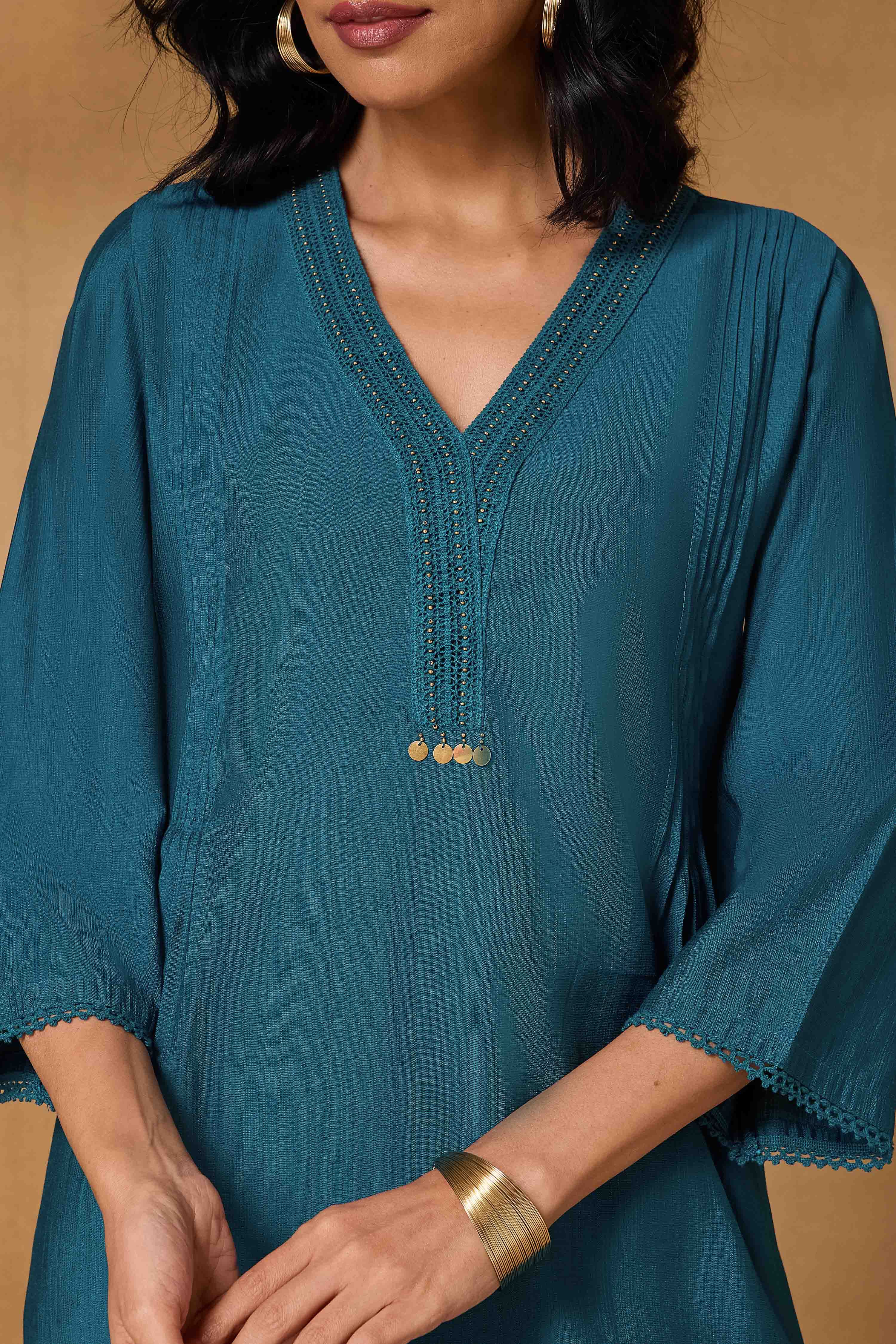 Teal Viscose Blend Straight Solid Kurta image number 1