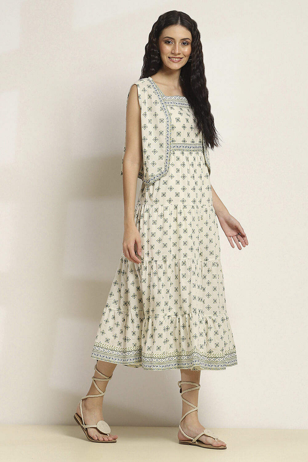 Off-White Cotton Printed Tiered Dress image number 4