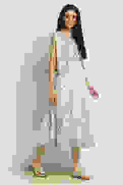 Off-White Cotton Printed Tiered Dress image number 4