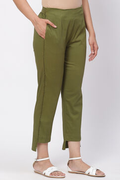 Olive Green Solid Slim Pants image number 3