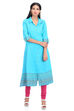 Turquoise Flared Cotton Kurta image number 4