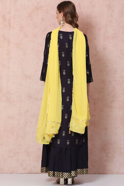 Navy Blue Straight Printed Suit Set image number 4