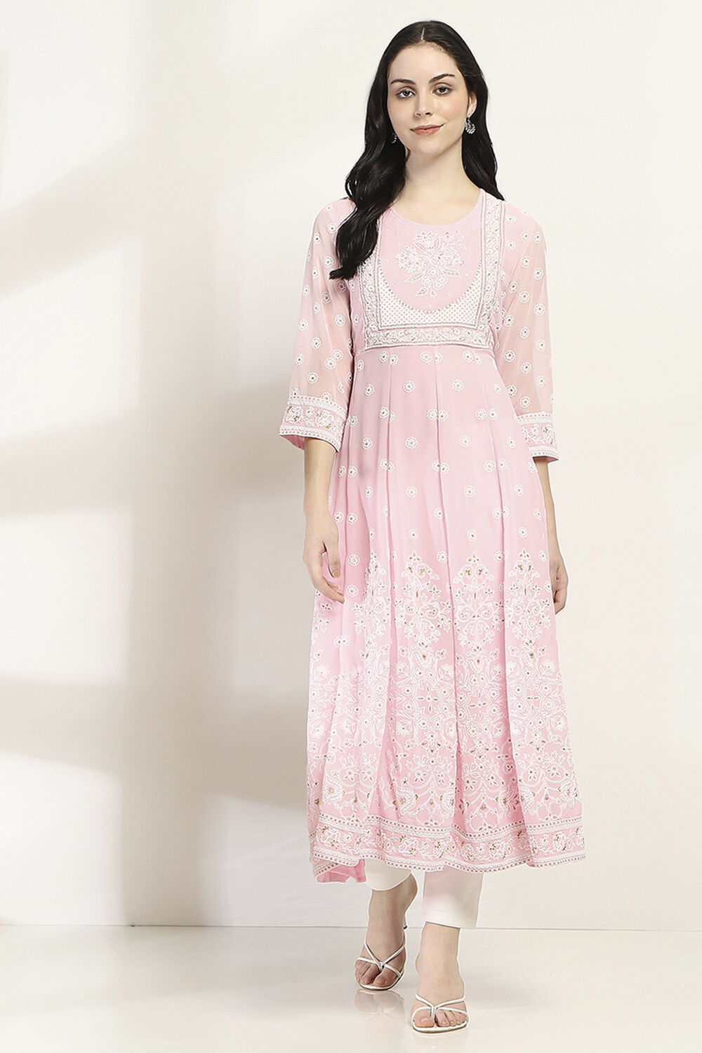 Pink Printed Kalidar Kurta image number 5
