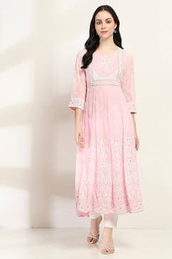 Pink Printed Kalidar Kurta image number 5