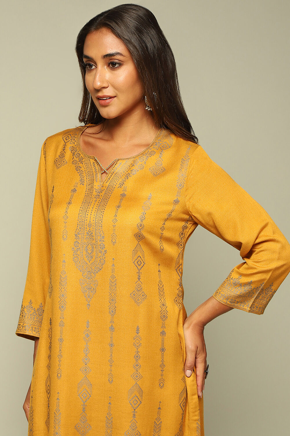 Mustard Acrylic A-Line Yarn Dyed Kurta Palazzo Suit Set image number 1
