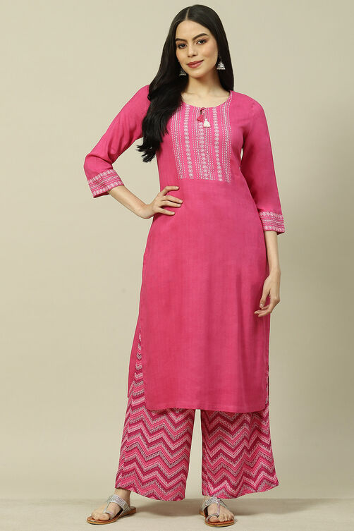 Pink Viscose Woven Straight Kurta Suit Set image number 0