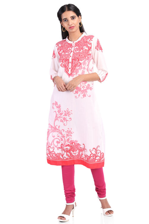 Off White & Blue Cotton Straight Kurta image number 4