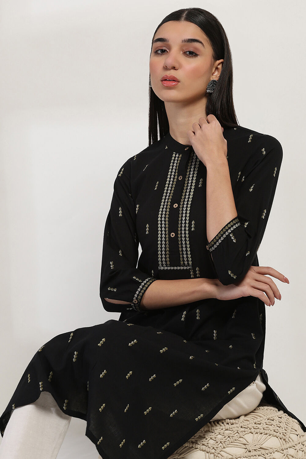 Black Cotton Printed Straight Kurta image number 0