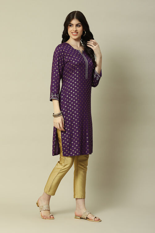 Purple Viscose Straight Printed Kurta image number 3
