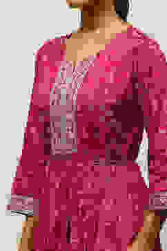 Purple Viscose Shantoon Printed Flared Dress image number 1