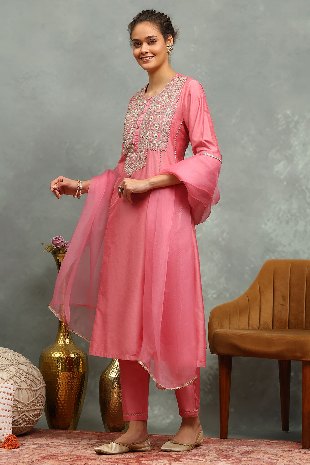 Blue Viscose Blend Embroidered Kalidar Suit Set image number 3