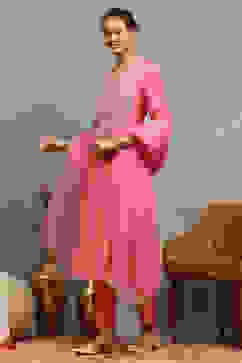 Pink Viscose Blend Embroidered Kalidar Suit Set image number 3