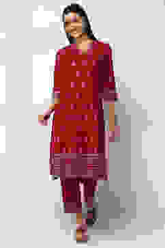 Maroon Cotton Printed Straight Kurta Set image number 6