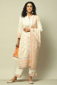 Off White Cotton Blend Straight Yarndyed Kurta Palazzo Suit Set image number 7
